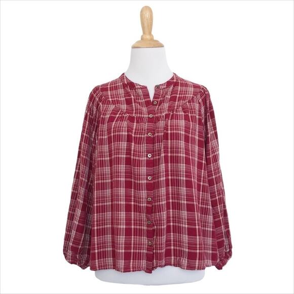 MADEWELL Plaid Balloon-Sleeve Button-Front Top in Red/White XS - Picture 1 of 8